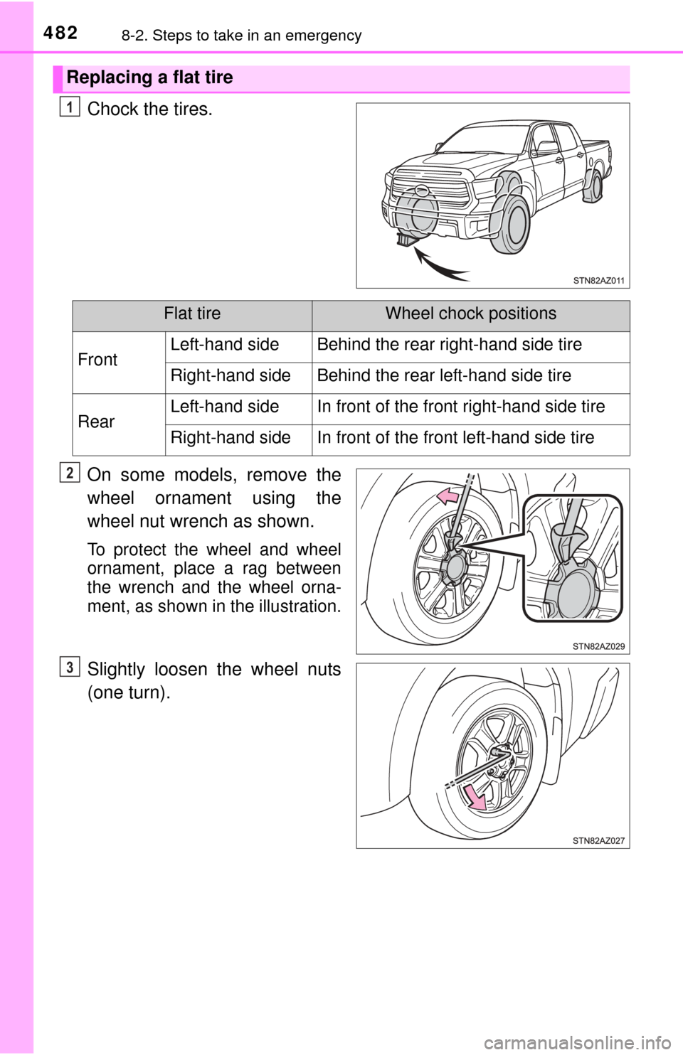 TOYOTA TUNDRA 2014 2.G Owners Manual 4828-2. Steps to take in an emergency
Chock the tires.
On some models, remove the
wheel ornament using the
wheel nut wrench as shown.
To protect the wheel and wheel
ornament, place a rag between
the w