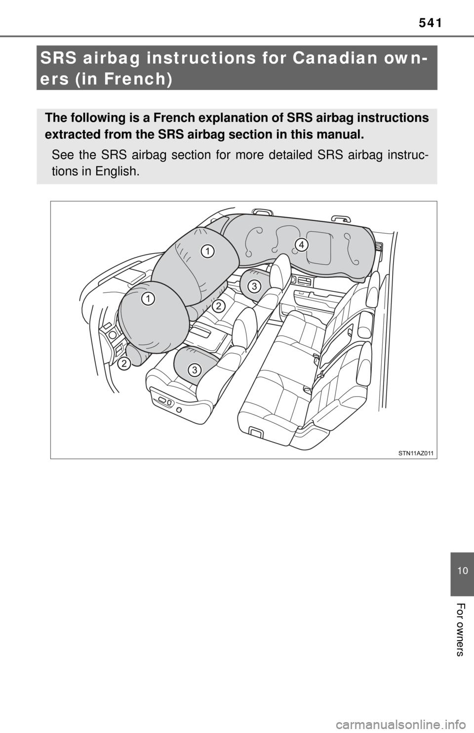 TOYOTA TUNDRA 2014 2.G Owners Manual 541
10
For owners
SRS airbag instructions for Canadian own-
ers (in French)
The following is a French explanation of SRS airbag instructions
extracted from the SRS airbag section in this manual.
See t