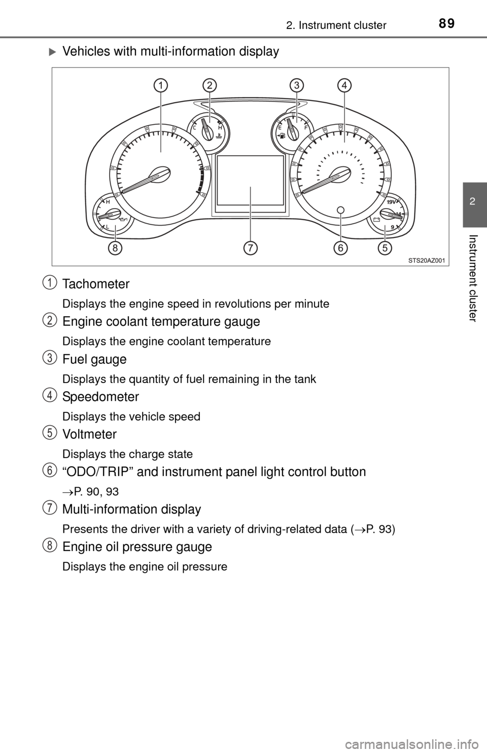 TOYOTA TUNDRA 2014 2.G Owners Manual 892. Instrument cluster
2
Instrument cluster
Vehicles with multi-information display
Tachometer
Displays the engine speed in revolutions per minute
Engine coolant temperature gauge
Displays the eng