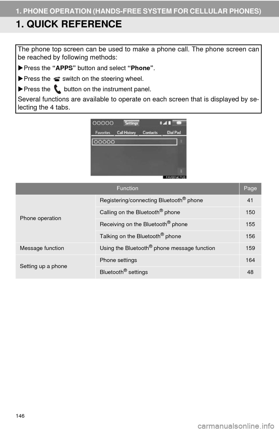TOYOTA TUNDRA 2015 2.G Navigation Manual 146
1. PHONE OPERATION (HANDS-FREE SYSTEM FOR CELLULAR PHONES)
1. QUICK REFERENCE
The phone top screen can be used to make a phone call. The phone screen can
be reached by following methods:
Press TOYOTA TUNDRA 2015 2.G Navigation Manual 146
1. PHONE OPERATION (HANDS-FREE SYSTEM FOR CELLULAR PHONES)
1. QUICK REFERENCE
The phone top screen can be used to make a phone call. The phone screen can
be reached by following methods:
Press