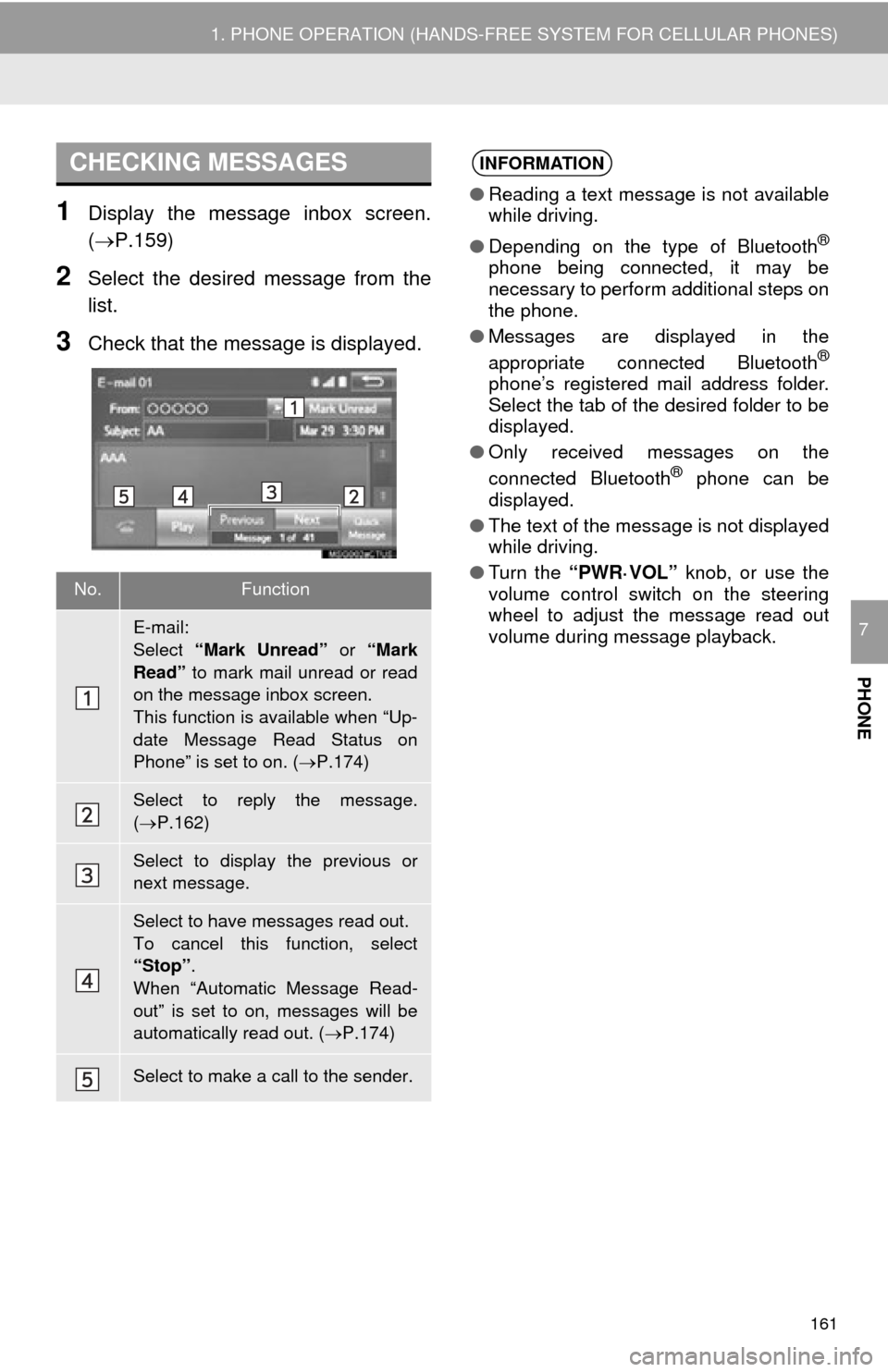 TOYOTA TUNDRA 2015 2.G Navigation Manual 161
1. PHONE OPERATION (HANDS-FREE SYSTEM FOR CELLULAR PHONES)
PHONE
7
1Display the message inbox screen.
(P.159)
2Select the desired message from the
list.
3Check that the message is displayed.
TOYOTA TUNDRA 2015 2.G Navigation Manual 161
1. PHONE OPERATION (HANDS-FREE SYSTEM FOR CELLULAR PHONES)
PHONE
7
1Display the message inbox screen.
(P.159)
2Select the desired message from the
list.
3Check that the message is displayed.