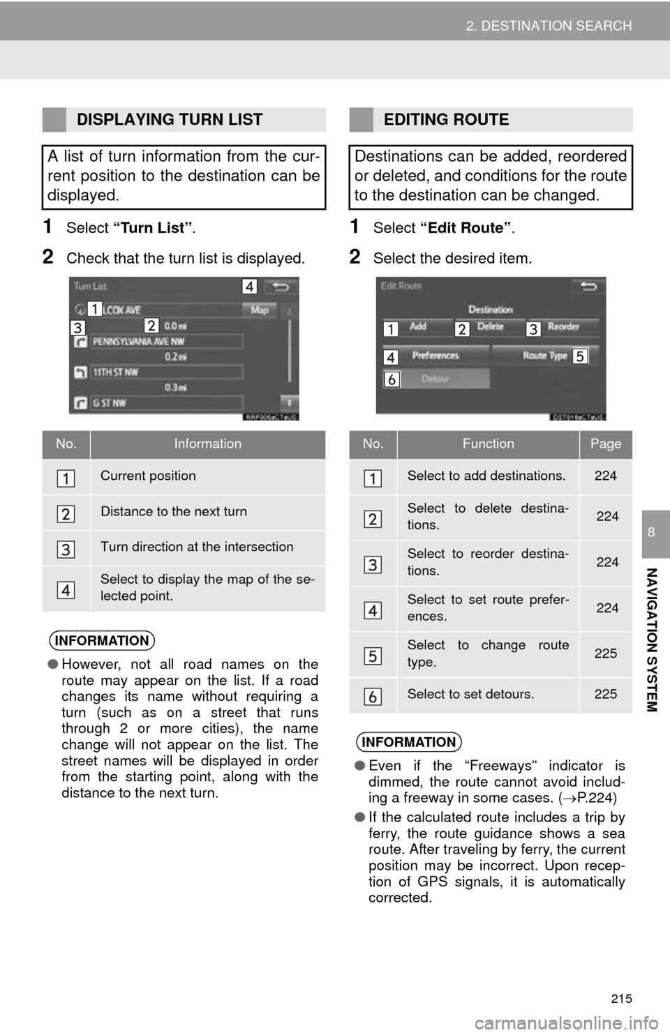 TOYOTA TUNDRA 2015 2.G Navigation Manual 215
2. DESTINATION SEARCH
NAVIGATION SYSTEM
8
1Select “Turn List” .
2Check that the turn list is displayed.
1Select “Edit Route” .
2Select the desired item.
DISPLAYING TURN LIST
A list of turn TOYOTA TUNDRA 2015 2.G Navigation Manual 215
2. DESTINATION SEARCH
NAVIGATION SYSTEM
8
1Select “Turn List” .
2Check that the turn list is displayed.
1Select “Edit Route” .
2Select the desired item.
DISPLAYING TURN LIST
A list of turn