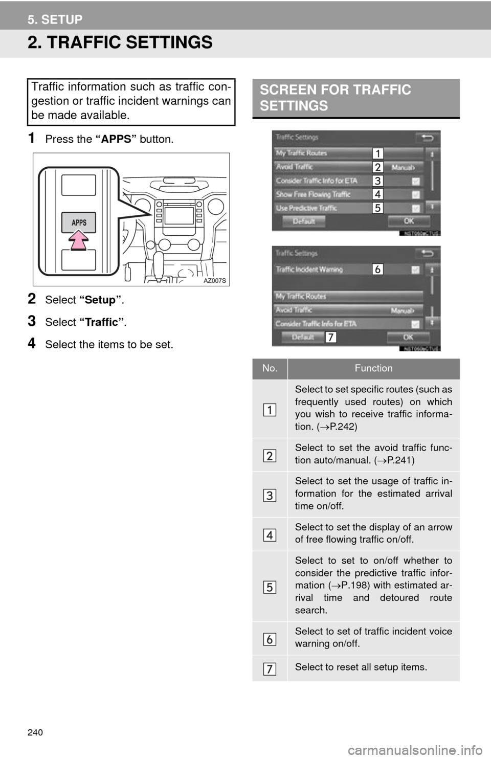 TOYOTA TUNDRA 2015 2.G Navigation Manual 240
5. SETUP
2. TRAFFIC SETTINGS
1Press the “APPS” button.
2Select “Setup” .
3Select “Traffic”.
4Select the items to be set.
Traffic information such as traffic con-
gestion or traffic inc TOYOTA TUNDRA 2015 2.G Navigation Manual 240
5. SETUP
2. TRAFFIC SETTINGS
1Press the “APPS” button.
2Select “Setup” .
3Select “Traffic”.
4Select the items to be set.
Traffic information such as traffic con-
gestion or traffic inc