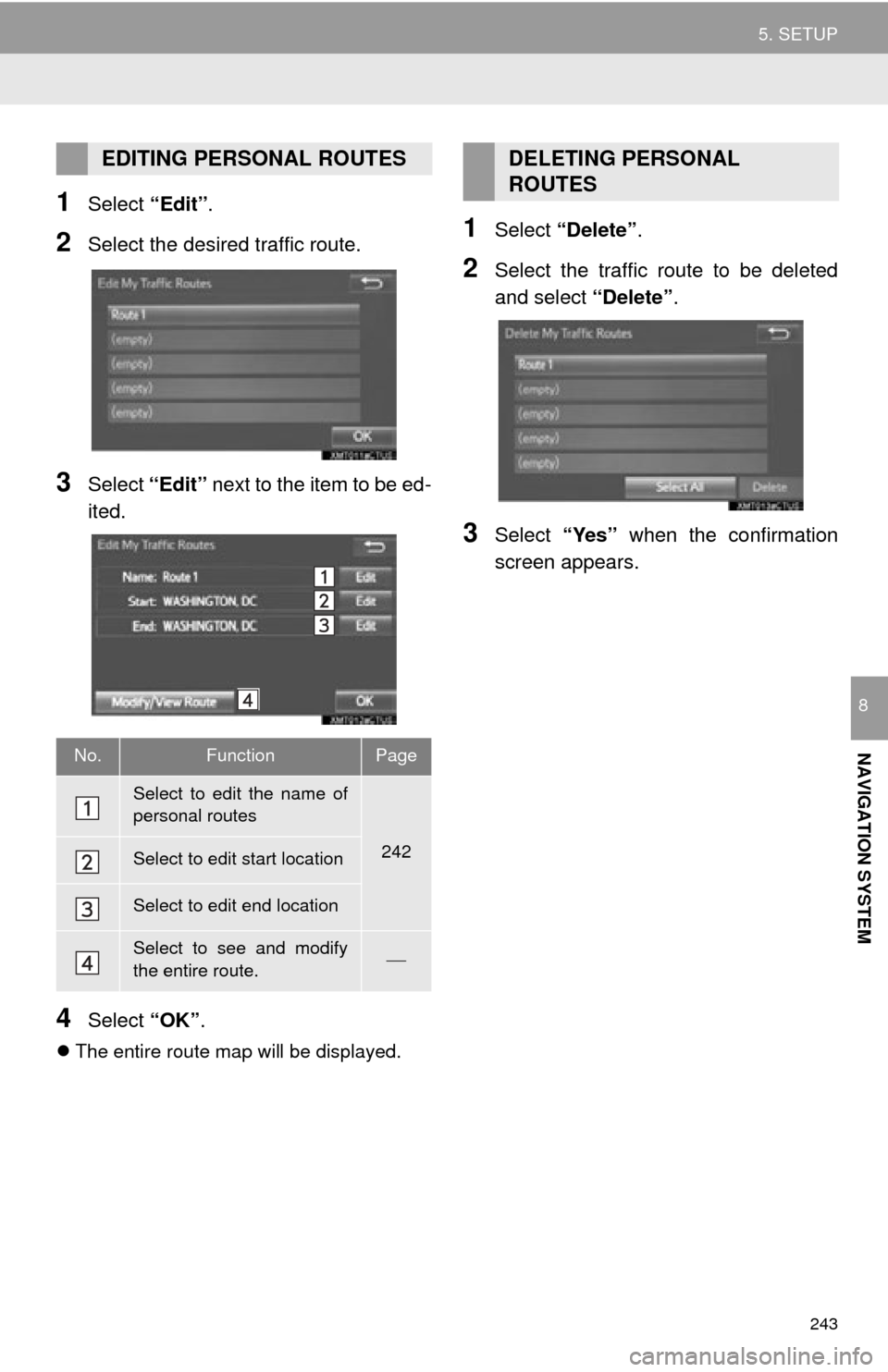TOYOTA TUNDRA 2015 2.G Navigation Manual 243
5. SETUP
NAVIGATION SYSTEM
8
1Select “Edit”.
2Select the desired traffic route.
3Select “Edit” next to the item to be ed -
ited.
4Select “OK”.
The entire route map will be display TOYOTA TUNDRA 2015 2.G Navigation Manual 243
5. SETUP
NAVIGATION SYSTEM
8
1Select “Edit”.
2Select the desired traffic route.
3Select “Edit” next to the item to be ed -
ited.
4Select “OK”.
The entire route map will be display