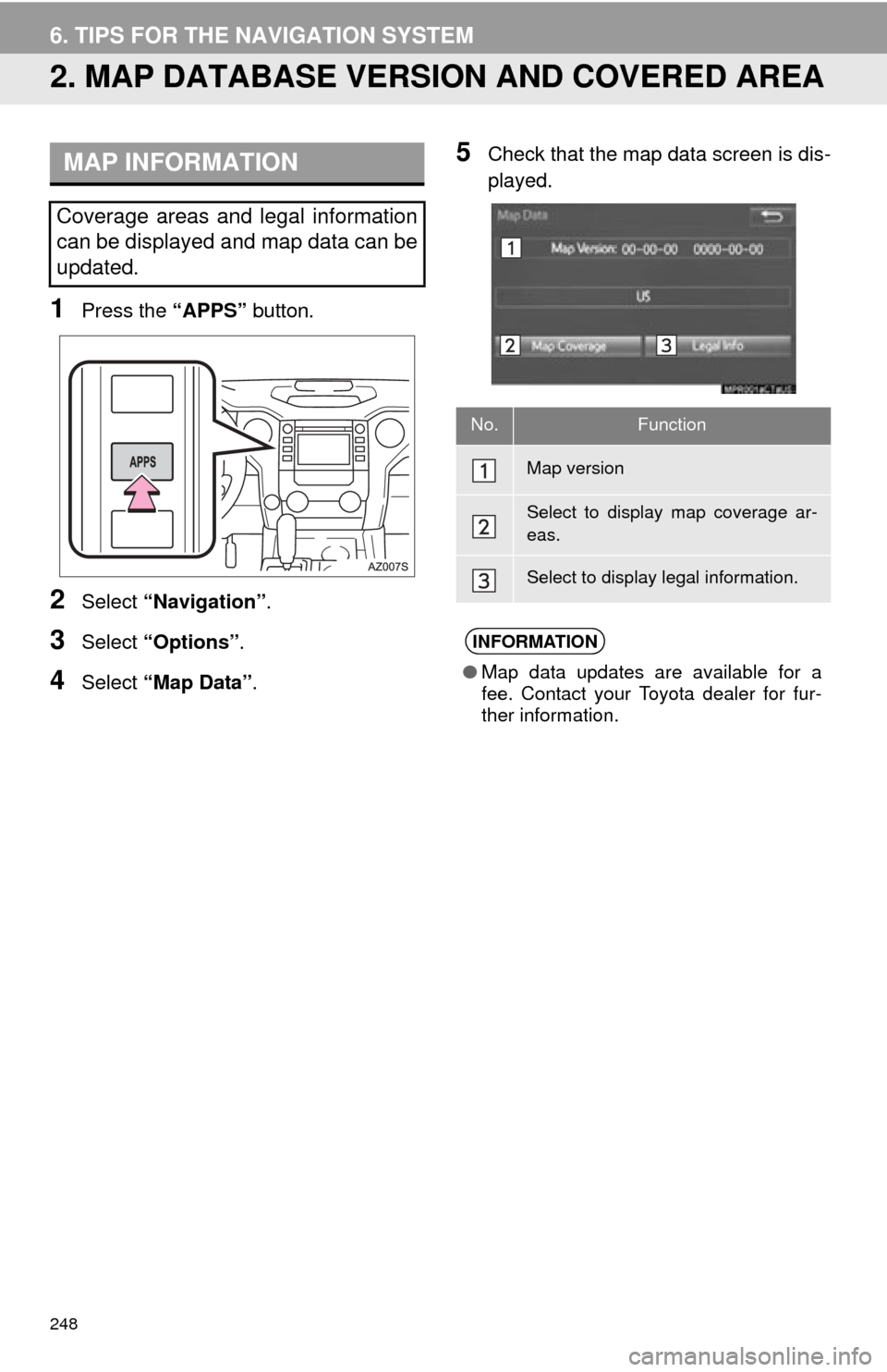 TOYOTA TUNDRA 2015 2.G Navigation Manual 248
6. TIPS FOR THE NAVIGATION SYSTEM
2. MAP DATABASE VERSION AND COVERED AREA
1Press the “APPS” button.
2Select “Navigation” .
3Select “Options”.
4Select “Map Data” .
5Check that the TOYOTA TUNDRA 2015 2.G Navigation Manual 248
6. TIPS FOR THE NAVIGATION SYSTEM
2. MAP DATABASE VERSION AND COVERED AREA
1Press the “APPS” button.
2Select “Navigation” .
3Select “Options”.
4Select “Map Data” .
5Check that the