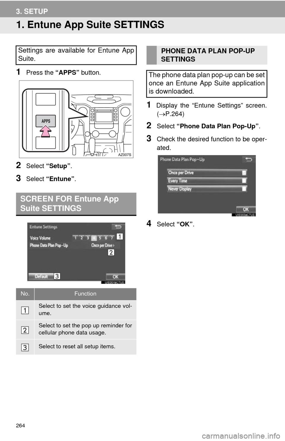 TOYOTA TUNDRA 2015 2.G Navigation Manual 264
3. SETUP
1. Entune App Suite SETTINGS
1Press the “APPS” button.
2Select “Setup” .
3Select “Entune” .
1Display the “Entune Settings” screen.
( P.264 )
2Select “Phone Data Pla TOYOTA TUNDRA 2015 2.G Navigation Manual 264
3. SETUP
1. Entune App Suite SETTINGS
1Press the “APPS” button.
2Select “Setup” .
3Select “Entune” .
1Display the “Entune Settings” screen.
( P.264 )
2Select “Phone Data Pla