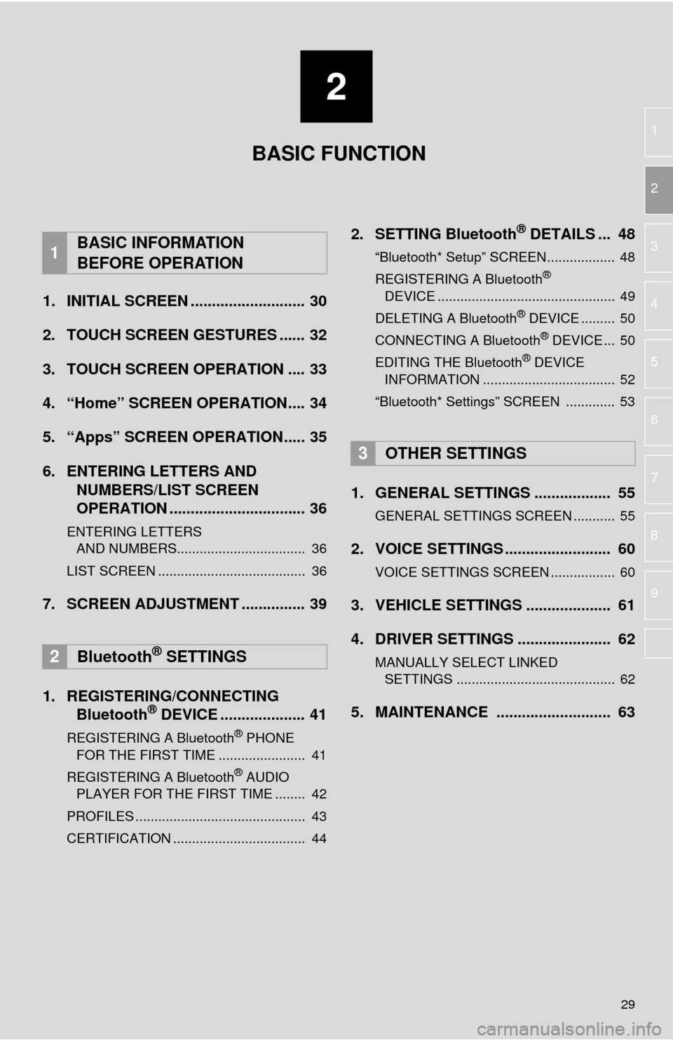 TOYOTA TUNDRA 2015 2.G Navigation Manual 2
29
1
2
3
4
5
6
7
8
9
1. INITIAL SCREEN ........................... 30
2. TOUCH SCREEN GESTURES ...... 32
3. TOUCH SCREEN OPERATION .... 33
4. “Home” SCREEN OPERATION.... 34
5. “Apps” SCREEN TOYOTA TUNDRA 2015 2.G Navigation Manual 2
29
1
2
3
4
5
6
7
8
9
1. INITIAL SCREEN ........................... 30
2. TOUCH SCREEN GESTURES ...... 32
3. TOUCH SCREEN OPERATION .... 33
4. “Home” SCREEN OPERATION.... 34
5. “Apps” SCREEN