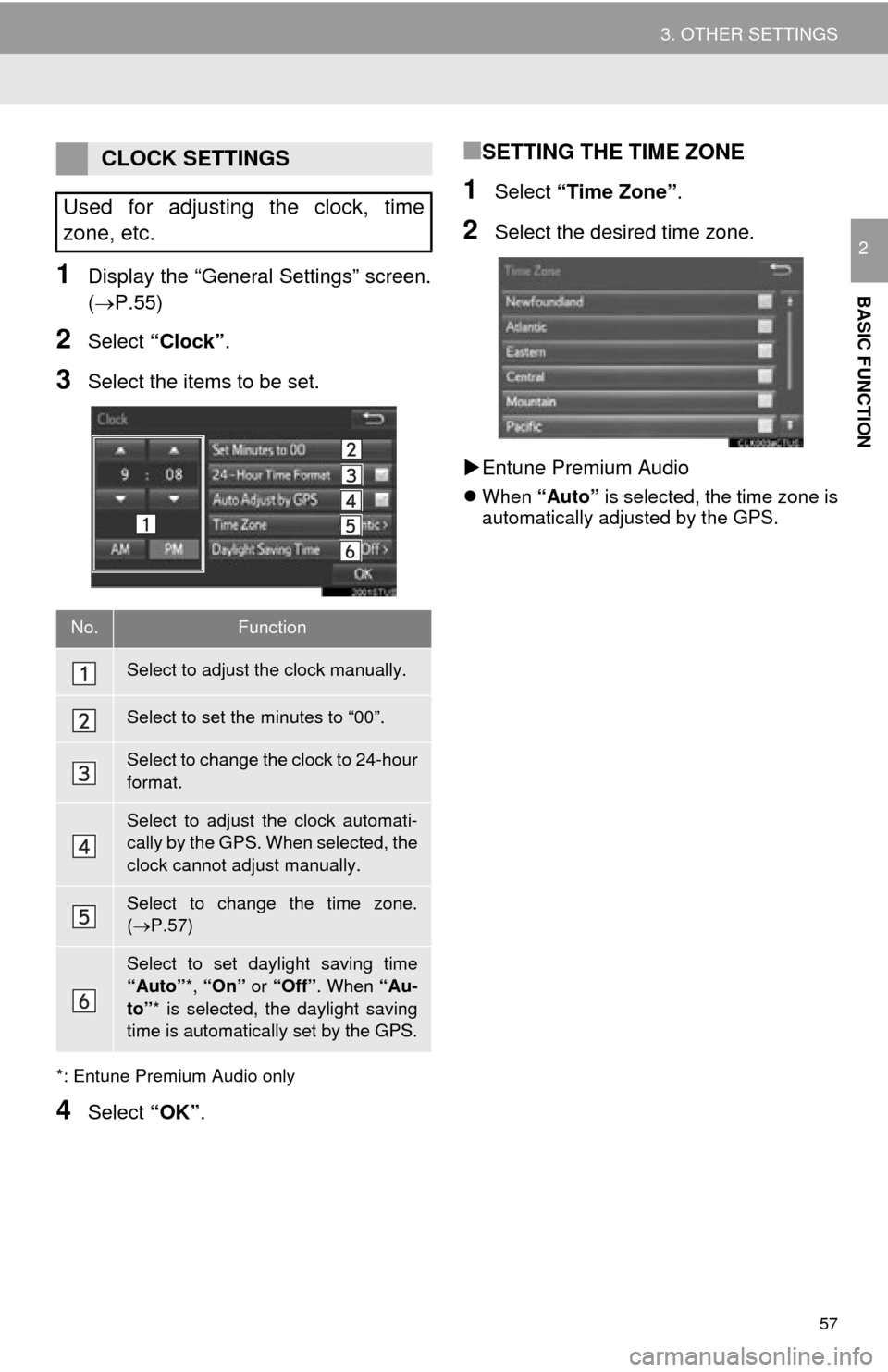 TOYOTA TUNDRA 2015 2.G Navigation Manual 57
3. OTHER SETTINGS
BASIC FUNCTION
2
1Display the “General Settings” screen.
(P.55)
2Select “Clock”.
3Select the items to be set.
*: Entune Premium Audio only
4Select “OK”.
■SETTING TOYOTA TUNDRA 2015 2.G Navigation Manual 57
3. OTHER SETTINGS
BASIC FUNCTION
2
1Display the “General Settings” screen.
(P.55)
2Select “Clock”.
3Select the items to be set.
*: Entune Premium Audio only
4Select “OK”.
■SETTING