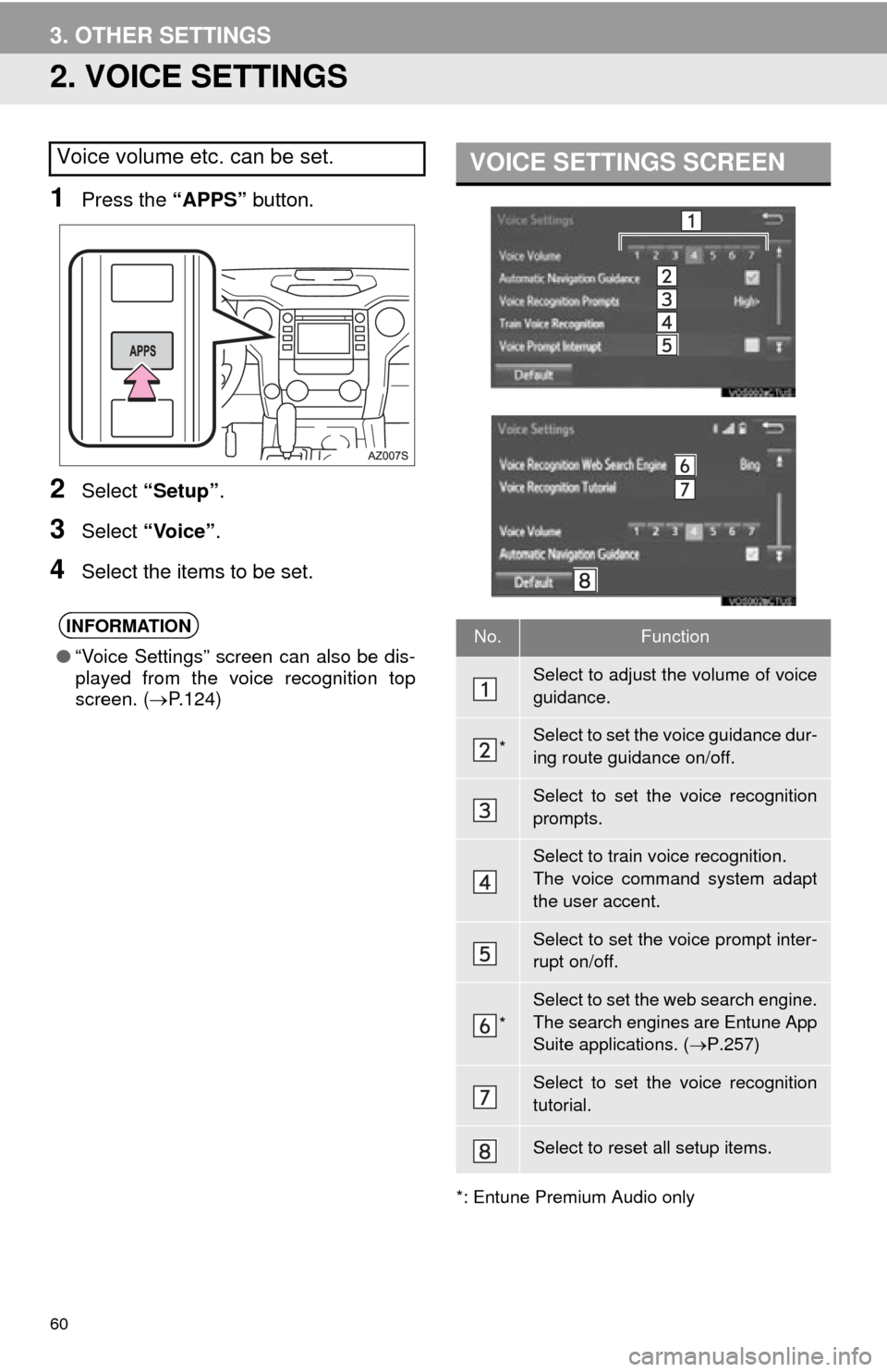 TOYOTA TUNDRA 2015 2.G Navigation Manual 60
3. OTHER SETTINGS
2. VOICE SETTINGS
1Press the “APPS” button.
2Select “Setup” .
3Select “Voice” .
4Select the items to be set.
*: Entune Premium Audio only
Voice volume etc. can be set. TOYOTA TUNDRA 2015 2.G Navigation Manual 60
3. OTHER SETTINGS
2. VOICE SETTINGS
1Press the “APPS” button.
2Select “Setup” .
3Select “Voice” .
4Select the items to be set.
*: Entune Premium Audio only
Voice volume etc. can be set.