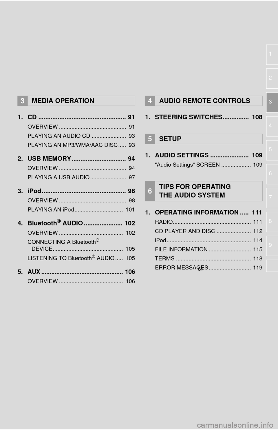TOYOTA TUNDRA 2015 2.G Navigation Manual 1
2
3
4
5
6
7
8
9
1. CD .................................................. 91
OVERVIEW ........................................... 91
PLAYING AN AUDIO CD ...................... 93
PLAYING AN MP3/WMA TOYOTA TUNDRA 2015 2.G Navigation Manual 1
2
3
4
5
6
7
8
9
1. CD .................................................. 91
OVERVIEW ........................................... 91
PLAYING AN AUDIO CD ...................... 93
PLAYING AN MP3/WMA
