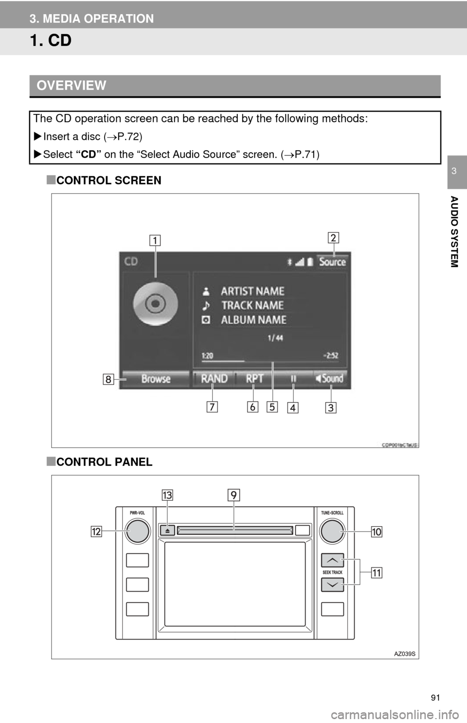 TOYOTA TUNDRA 2015 2.G Navigation Manual 91
AUDIO SYSTEM
3
3. MEDIA OPERATION
1. CD
■CONTROL SCREEN
■CONTROL PANEL
OVERVIEW
The CD operation screen can be reached by the following methods: 
Insert a disc ( P.72)
 Select  “CD