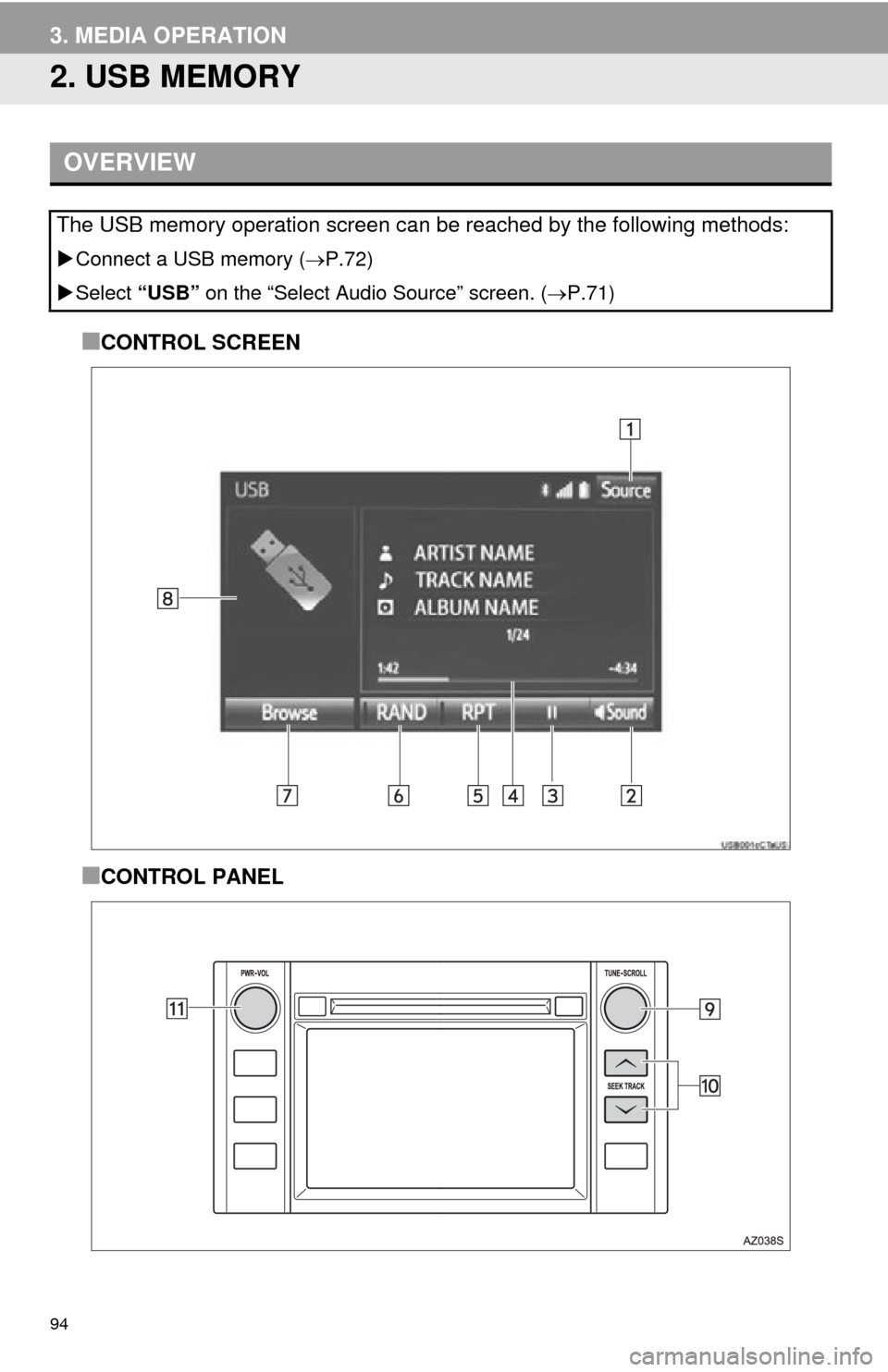 TOYOTA TUNDRA 2015 2.G Navigation Manual 94
3. MEDIA OPERATION
2. USB MEMORY
■CONTROL SCREEN
■CONTROL PANEL
OVERVIEW
The USB memory operation screen can be reached by the following methods: 
Connect a USB memory ( P.72)
 Select 
