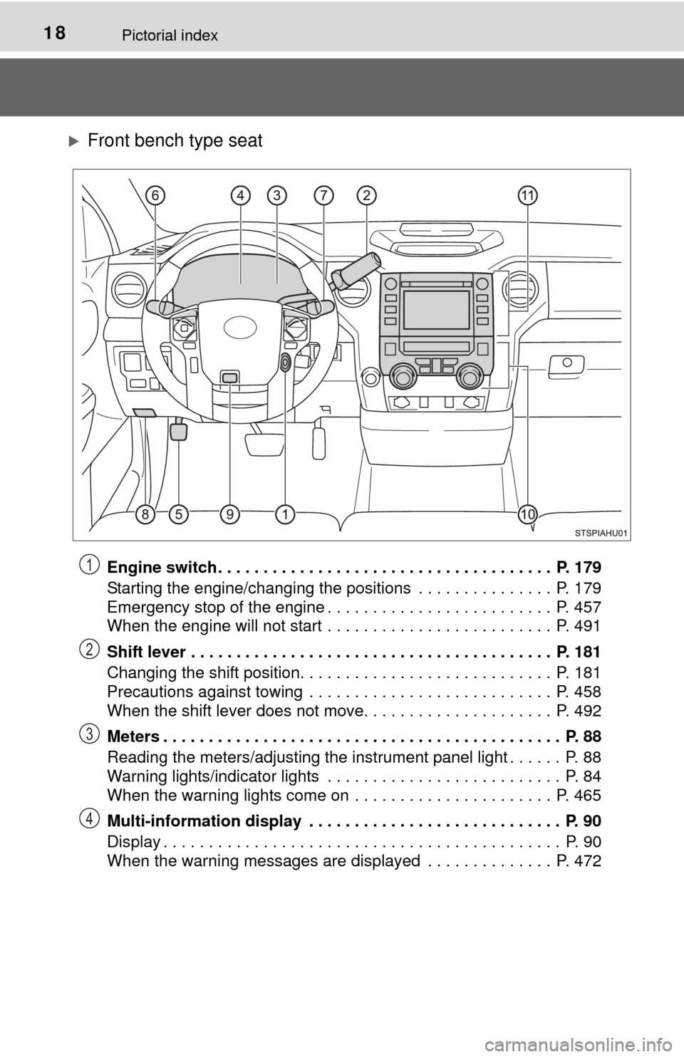 TOYOTA TUNDRA 2015 2.G User Guide 18Pictorial index
Front bench type seat
Engine switch . . . . . . . . . . . . . . . . . . . . . . . . . . . . . . . . . . . . .  P. 179
Starting the engine/changing the positions  . . . . . . . . .