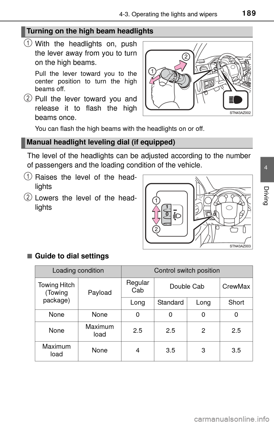 TOYOTA TUNDRA 2015 2.G Owners Manual 1894-3. Operating the lights and wipers
4
Driving
With the headlights on, push
the lever away from you to turn
on the high beams. 
Pull the lever toward you to the
center position to turn the high
bea