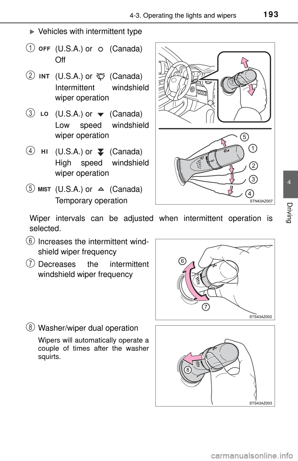 TOYOTA TUNDRA 2015 2.G Owners Manual 1934-3. Operating the lights and wipers
4
Driving
Vehicles with intermittent type(U.S.A.) or (Canada)
Off
(U.S.A.) or (Canada)
Intermittent windshield
wiper operation
(U.S.A.) or (Canada)
TOYOTA TUNDRA 2015 2.G Owners Manual 1934-3. Operating the lights and wipers
4
Driving
Vehicles with intermittent type(U.S.A.) or (Canada)
Off
(U.S.A.) or (Canada)
Intermittent windshield
wiper operation
(U.S.A.) or (Canada)