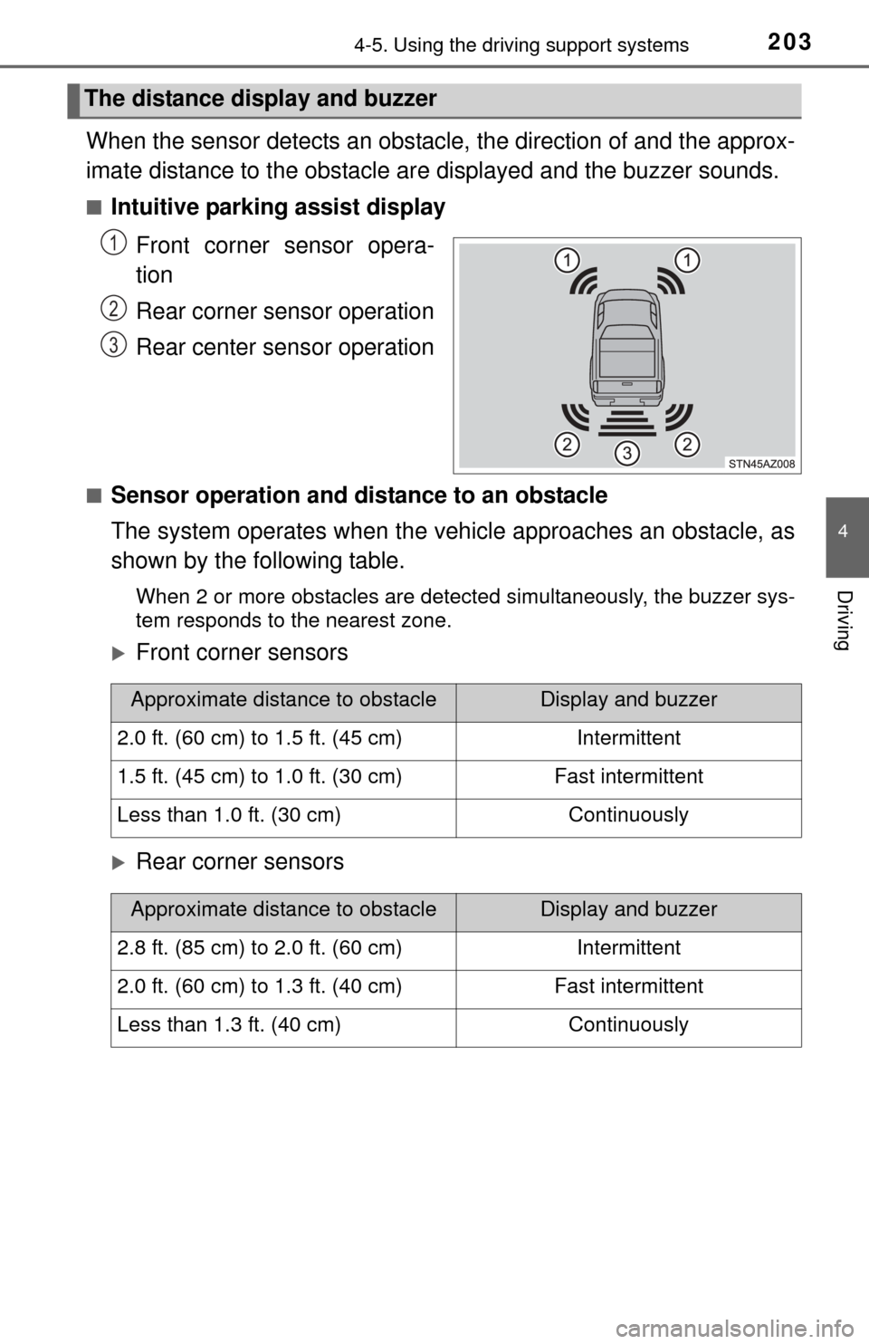 TOYOTA TUNDRA 2015 2.G Owners Manual 2034-5. Using the driving support systems
4
Driving
When the sensor detects an obstacle, the direction of and the approx-
imate distance to the obstacle ar e displayed and the buzzer sounds.
■Intuit TOYOTA TUNDRA 2015 2.G Owners Manual 2034-5. Using the driving support systems
4
Driving
When the sensor detects an obstacle, the direction of and the approx-
imate distance to the obstacle ar e displayed and the buzzer sounds.
■Intuit