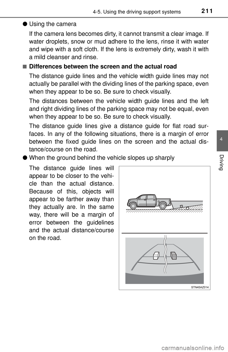 TOYOTA TUNDRA 2015 2.G Owners Manual 2114-5. Using the driving support systems
4
Driving
●Using the camera
If the camera lens becomes dirty, it cannot transmit a clear image. If
water droplets, snow or mud adhere to the lens, rinse i TOYOTA TUNDRA 2015 2.G Owners Manual 2114-5. Using the driving support systems
4
Driving
●Using the camera
If the camera lens becomes dirty, it cannot transmit a clear image. If
water droplets, snow or mud adhere to the lens, rinse i