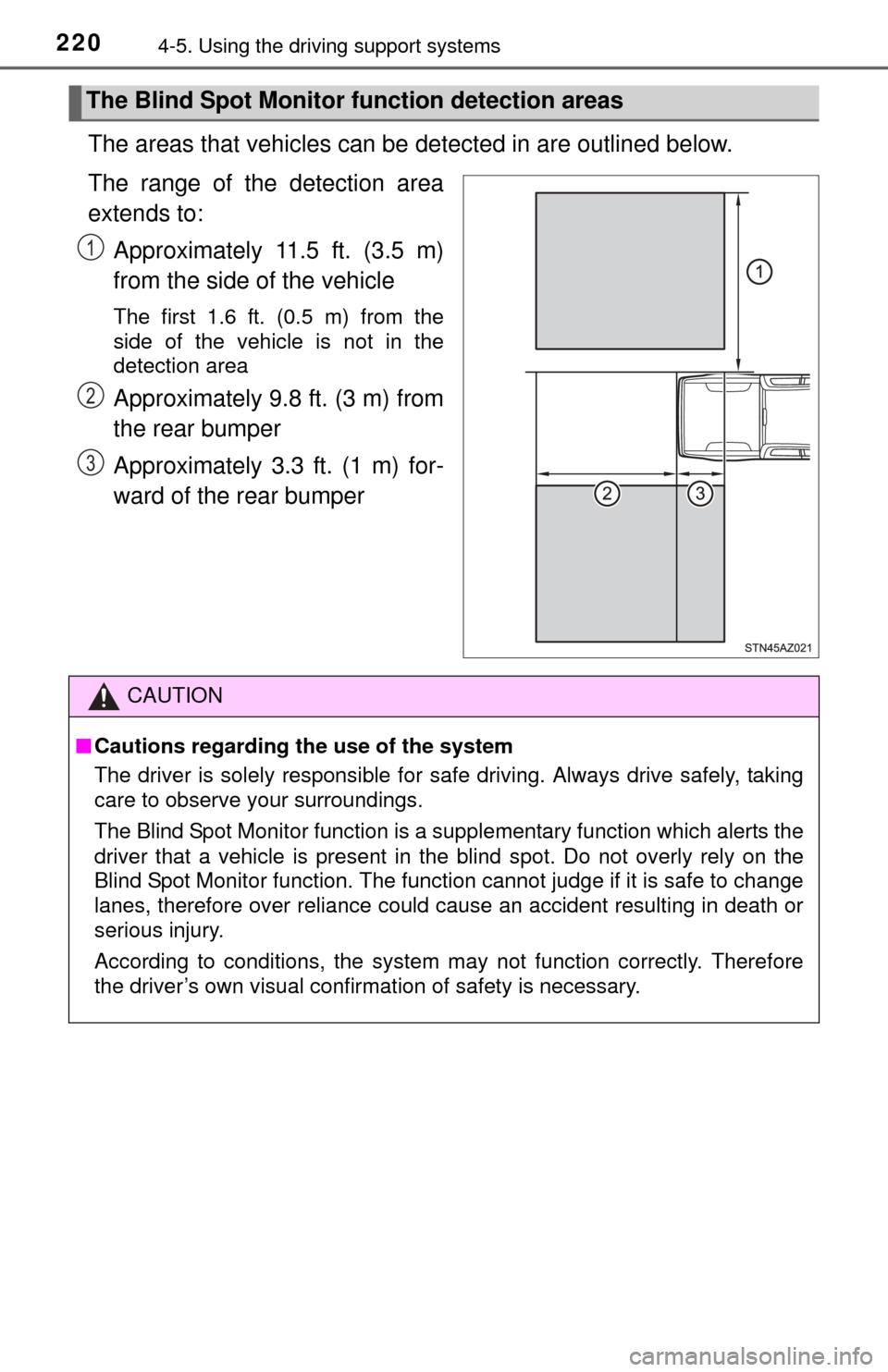 TOYOTA TUNDRA 2015 2.G Owners Manual 2204-5. Using the driving support systems
The areas that vehicles can be detected in are outlined below.
The range of the detection area
extends to: Approximately 11.5 ft. (3.5 m)
from the side of th TOYOTA TUNDRA 2015 2.G Owners Manual 2204-5. Using the driving support systems
The areas that vehicles can be detected in are outlined below.
The range of the detection area
extends to: Approximately 11.5 ft. (3.5 m)
from the side of th