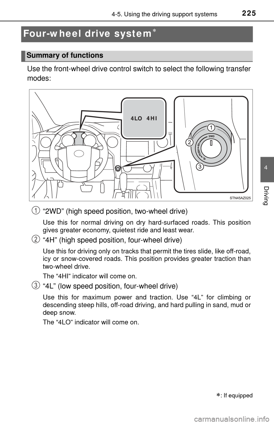 TOYOTA TUNDRA 2015 2.G Owners Manual 2254-5. Using the driving support systems
4
Driving
Four-wheel drive system
Use the front-wheel drive control switch to select the following transfer
modes:
“2WD” (high speed position, two-whee TOYOTA TUNDRA 2015 2.G Owners Manual 2254-5. Using the driving support systems
4
Driving
Four-wheel drive system
Use the front-wheel drive control switch to select the following transfer
modes:
“2WD” (high speed position, two-whee