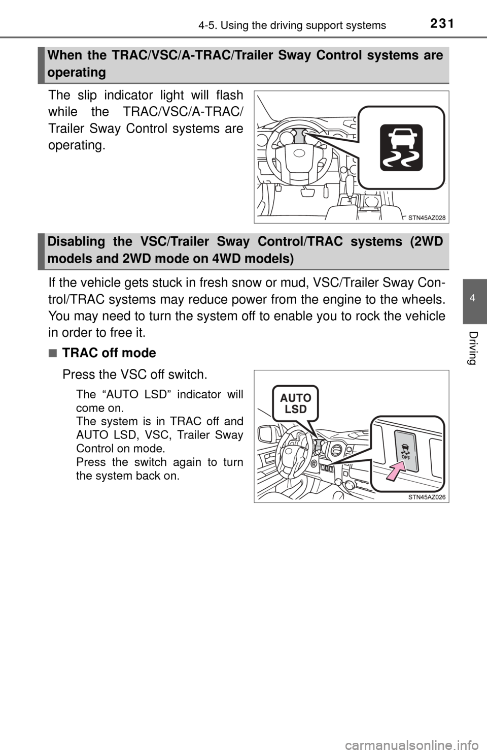 TOYOTA TUNDRA 2015 2.G Owners Manual 2314-5. Using the driving support systems
4
Driving
The slip indicator light will flash
while the TRAC/VSC/A-TRAC/
Trailer Sway Control systems are
operating.
If the vehicle gets stuck in fresh snow o TOYOTA TUNDRA 2015 2.G Owners Manual 2314-5. Using the driving support systems
4
Driving
The slip indicator light will flash
while the TRAC/VSC/A-TRAC/
Trailer Sway Control systems are
operating.
If the vehicle gets stuck in fresh snow o