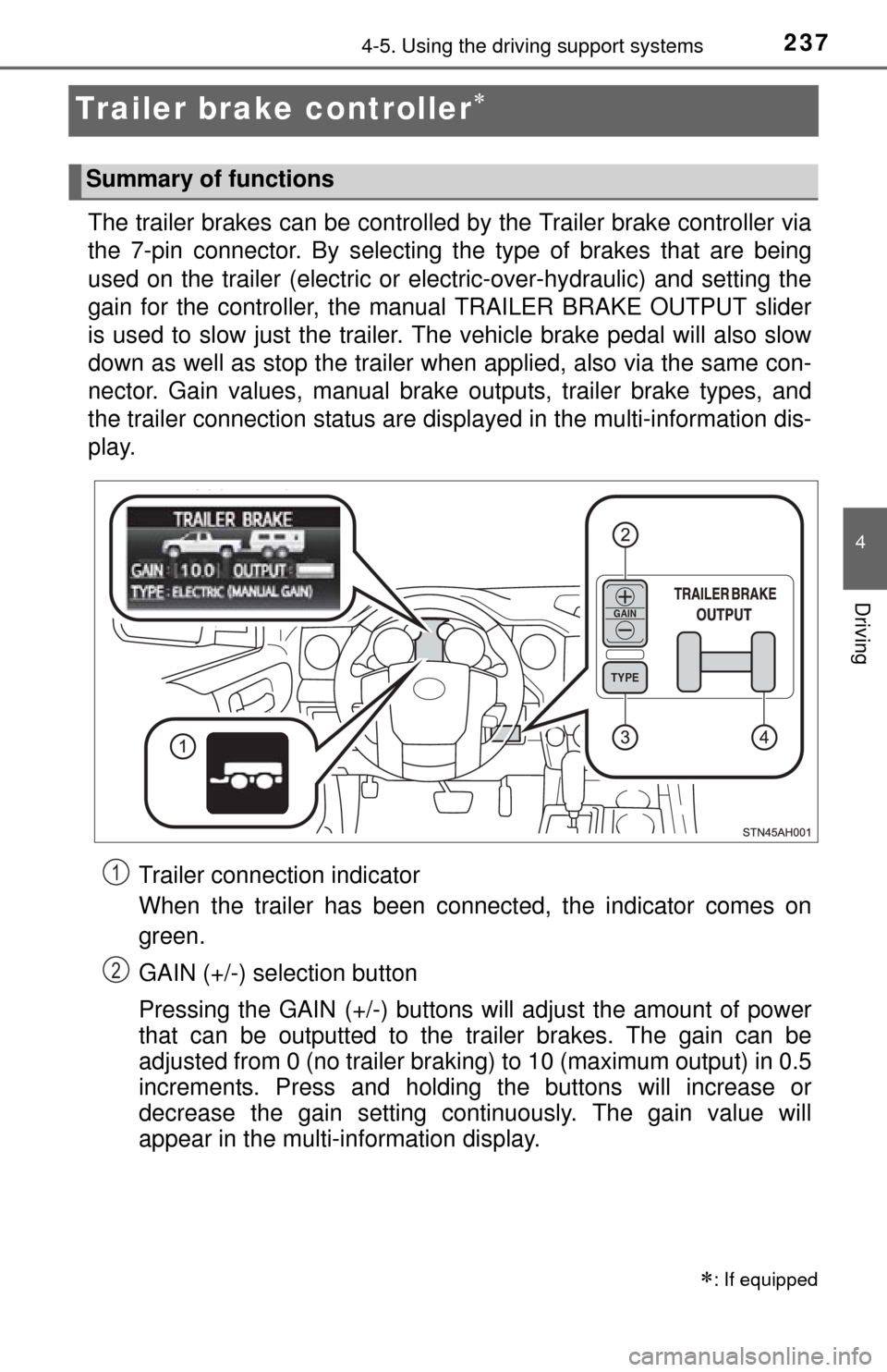 TOYOTA TUNDRA 2015 2.G Owners Manual 2374-5. Using the driving support systems
4
Driving
Trailer brake controller
The trailer brakes can be controlled by the Trailer brake controller via
the 7-pin connector. By selecting the type of b TOYOTA TUNDRA 2015 2.G Owners Manual 2374-5. Using the driving support systems
4
Driving
Trailer brake controller
The trailer brakes can be controlled by the Trailer brake controller via
the 7-pin connector. By selecting the type of b