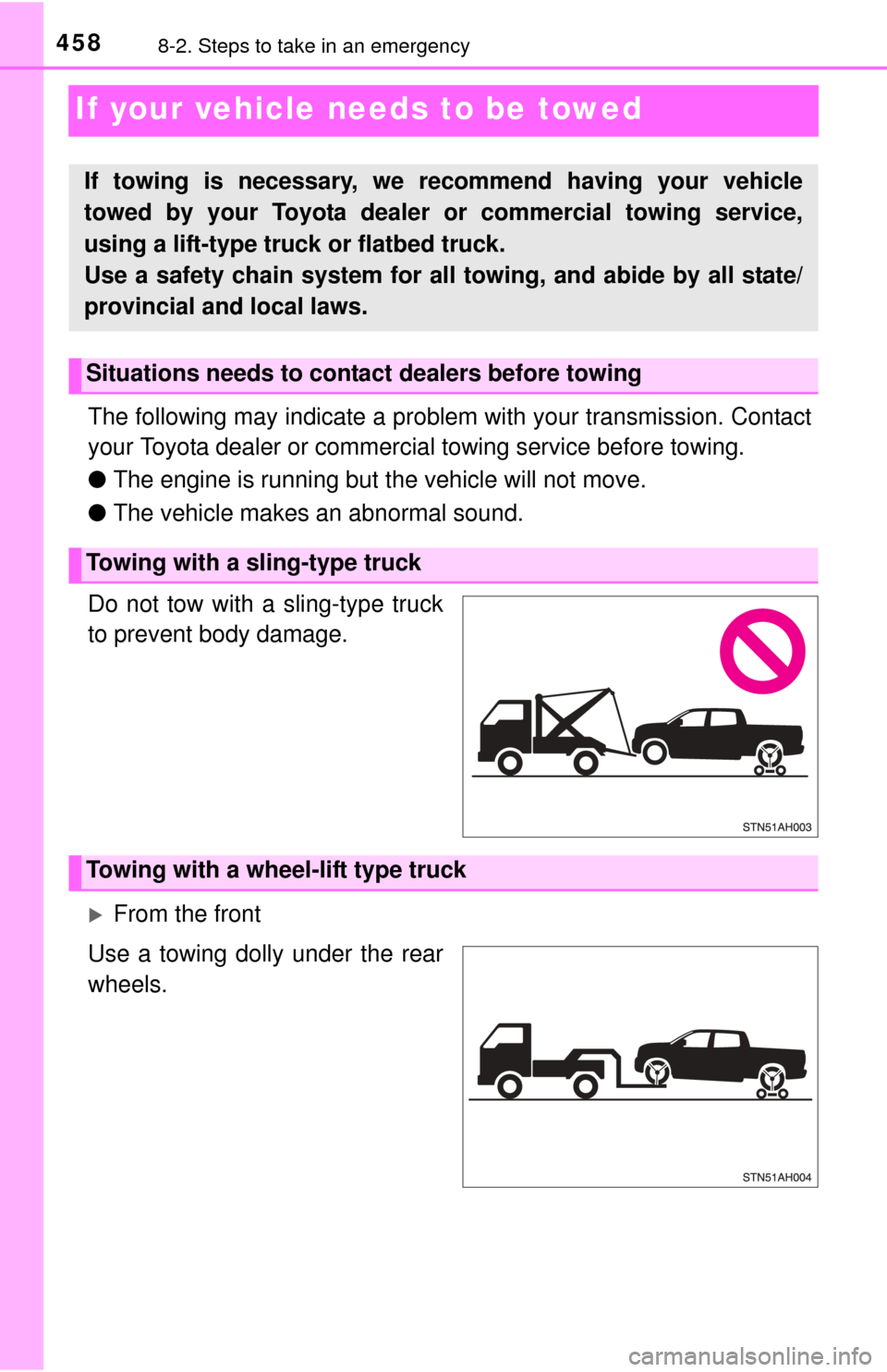 TOYOTA TUNDRA 2015 2.G Owners Manual 4588-2. Steps to take in an emergency
If your vehicle needs to be towed
The following may indicate a problem with your transmission. Contact
your Toyota dealer or commercial towing service before towi