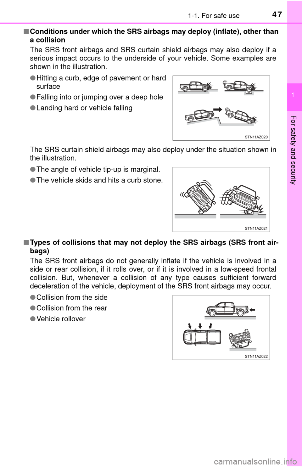 TOYOTA TUNDRA 2015 2.G Service Manual 471-1. For safe use
1
For safety and security
■Conditions under which the SRS airbags may deploy (inflate), other than
a collision
The SRS front airbags and SRS curtain shield airbags may also deplo