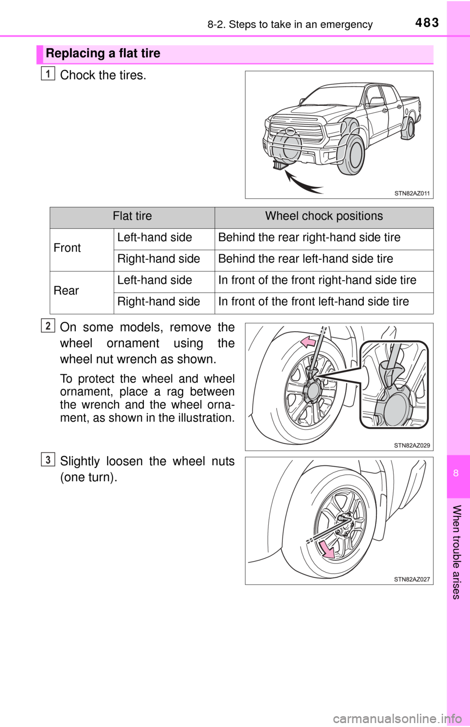 TOYOTA TUNDRA 2015 2.G Owners Manual 4838-2. Steps to take in an emergency
8
When trouble arises
Chock the tires.
On some models, remove the
wheel ornament using the
wheel nut wrench as shown.
To protect the wheel and wheel
ornament, pla
