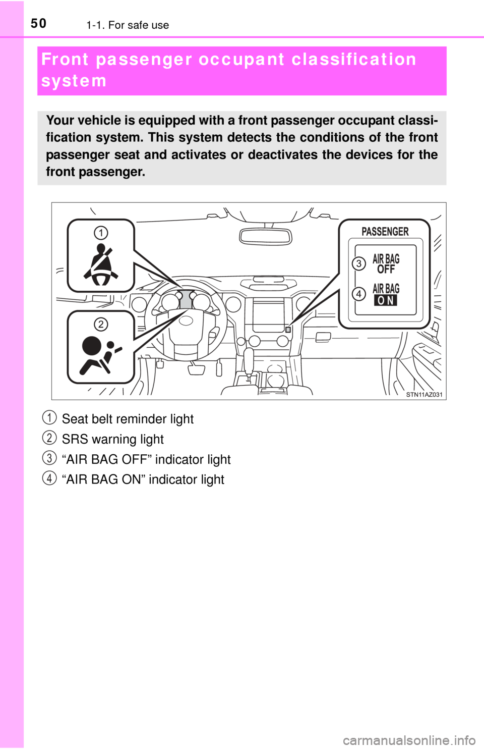 TOYOTA TUNDRA 2015 2.G Service Manual 501-1. For safe use
Front passenger occupant classification 
system
Your vehicle is equipped with a front passenger occupant classi-
fication system. This system detects the conditions of the front
pa