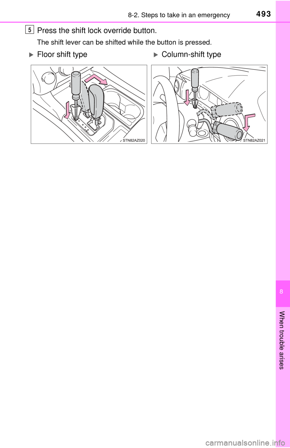 TOYOTA TUNDRA 2015 2.G Owners Manual 4938-2. Steps to take in an emergency
8
When trouble arises
Press the shift lock override button.
The shift lever can be shifted while the button is pressed.
5
Floor shift typeColumn-shift type TOYOTA TUNDRA 2015 2.G Owners Manual 4938-2. Steps to take in an emergency
8
When trouble arises
Press the shift lock override button.
The shift lever can be shifted while the button is pressed.
5
Floor shift typeColumn-shift type