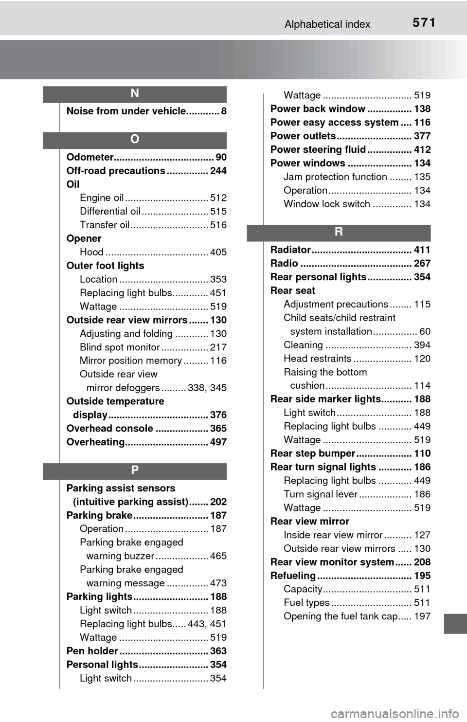 TOYOTA TUNDRA 2015 2.G Owners Manual 571Alphabetical index
Noise from under vehicle............ 8
Odometer.................................... 90
Off-road precautions ............... 244
Oil Engine oil .............................. 512
