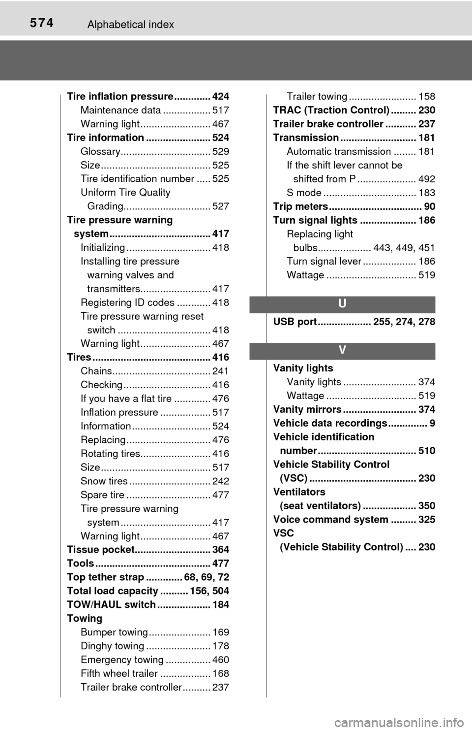 TOYOTA TUNDRA 2015 2.G Owners Manual 574Alphabetical index
Tire inflation pressure ............. 424Maintenance data ................. 517
Warning light ......................... 467
Tire information ....................... 524 Glossary.