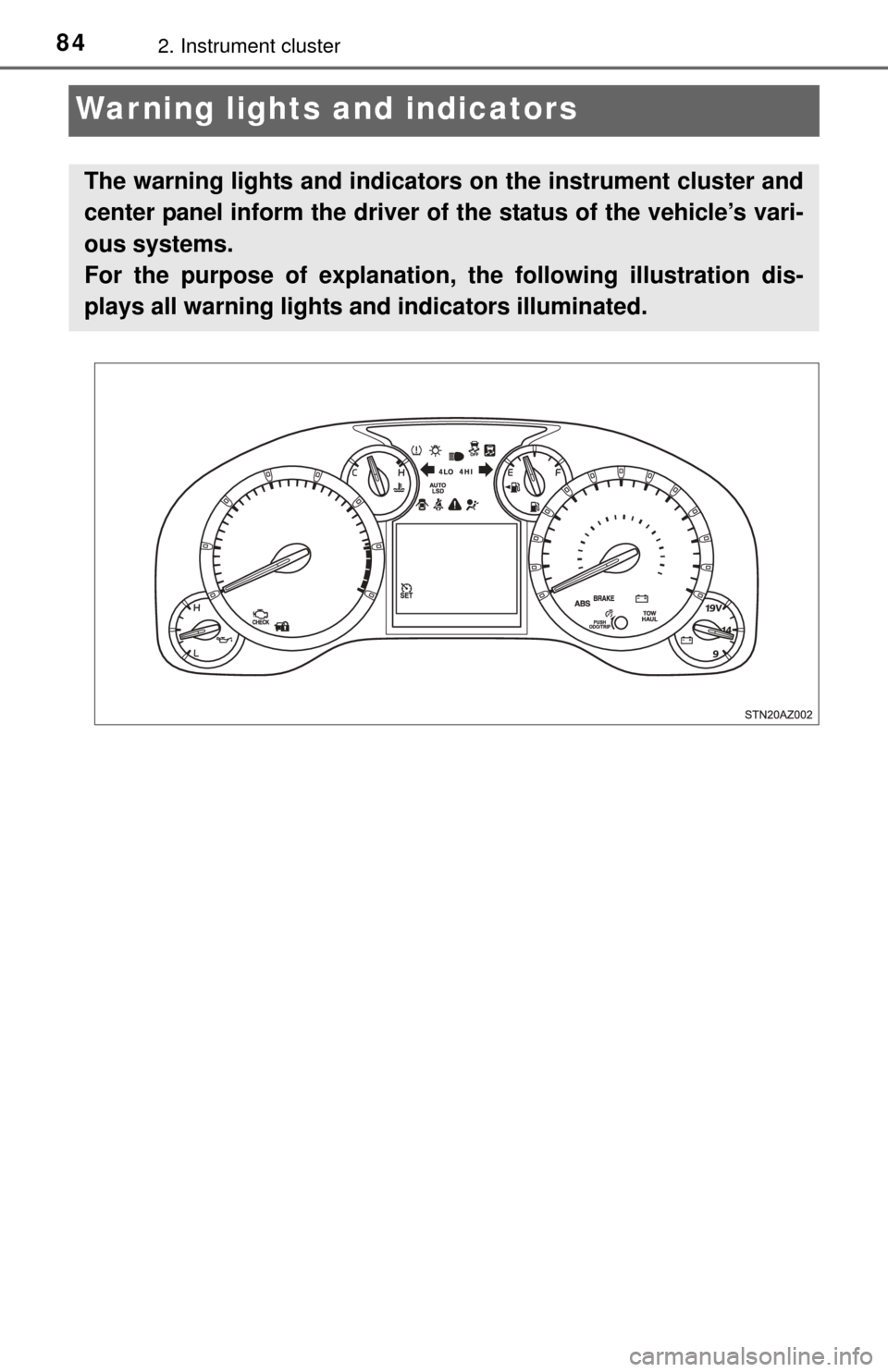 TOYOTA TUNDRA 2015 2.G Owners Manual 842. Instrument cluster
Warning lights and indicators
The warning lights and indicators on the instrument cluster and
center panel inform the driver of the status of the vehicle’s vari-
ous systems. TOYOTA TUNDRA 2015 2.G Owners Manual 842. Instrument cluster
Warning lights and indicators
The warning lights and indicators on the instrument cluster and
center panel inform the driver of the status of the vehicle’s vari-
ous systems.