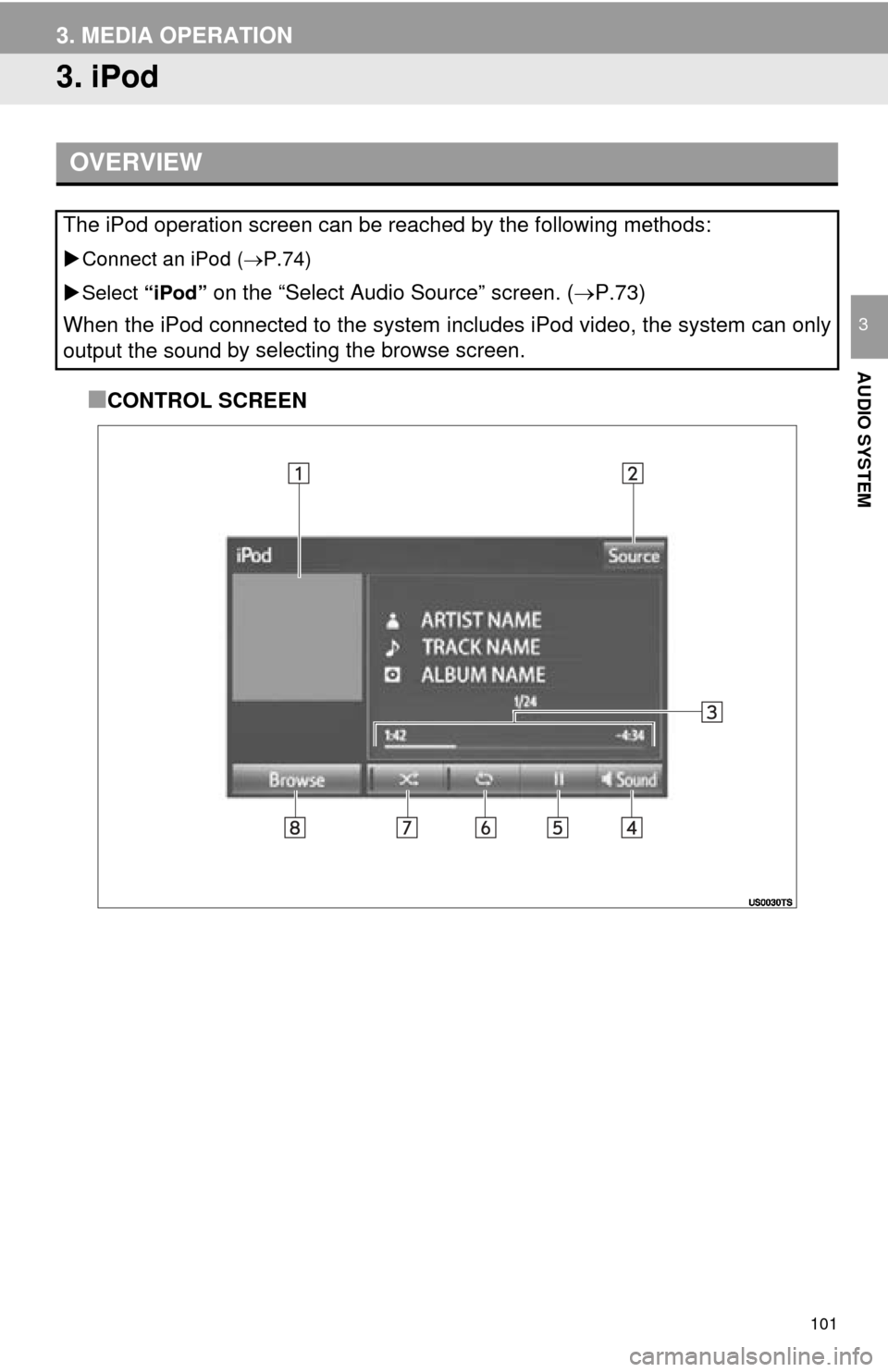 TOYOTA TUNDRA 2016 2.G Navigation Manual 101
3. MEDIA OPERATION
AUDIO SYSTEM
3
3. iPod
■CONTROL SCREEN
OVERVIEW
The iPod operation screen can be reached by the following methods: 
Connect an iPod ( P.74)
 Select  “iPod”  
on t