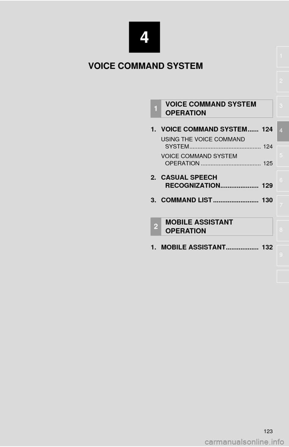 TOYOTA TUNDRA 2016 2.G Navigation Manual 4
123
1
2
3
4
5
6
7
8
9
1. VOICE COMMAND SYSTEM ......  124
USING THE VOICE COMMAND  
SYSTEM ............................................  124
VOICE COMMAND SYSTEM  
OPERATION ..................