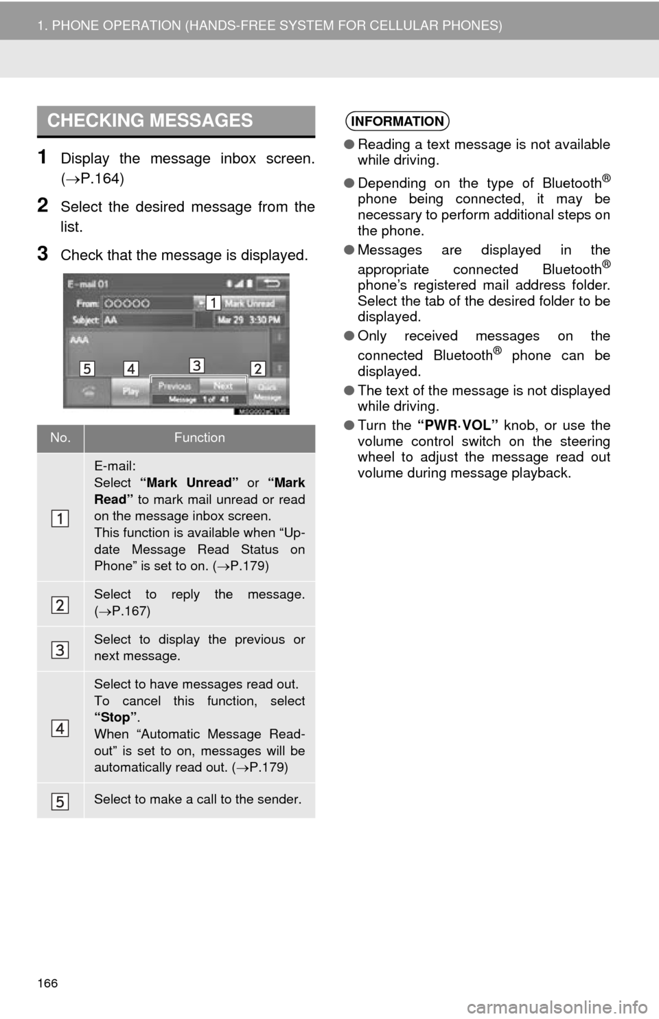 TOYOTA TUNDRA 2016 2.G Navigation Manual 166
1. PHONE OPERATION (HANDS-FREE SYSTEM FOR CELLULAR PHONES)
1Display the message inbox screen.
(P.164)
2Select the desired message from the
list.
3Check that the message is displayed.
CHECKING TOYOTA TUNDRA 2016 2.G Navigation Manual 166
1. PHONE OPERATION (HANDS-FREE SYSTEM FOR CELLULAR PHONES)
1Display the message inbox screen.
(P.164)
2Select the desired message from the
list.
3Check that the message is displayed.
CHECKING