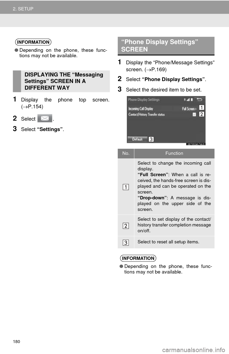 TOYOTA TUNDRA 2016 2.G Navigation Manual 180
2. SETUP
1Display the phone top screen.
(P.154)
2Select .
3Select “Settings” .
1Display the “Phone/Message Settings”
screen. (P.169)
2Select “Phone Display Settings” .
3Select TOYOTA TUNDRA 2016 2.G Navigation Manual 180
2. SETUP
1Display the phone top screen.
(P.154)
2Select .
3Select “Settings” .
1Display the “Phone/Message Settings”
screen. (P.169)
2Select “Phone Display Settings” .
3Select