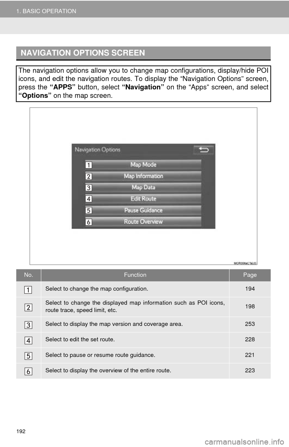 TOYOTA TUNDRA 2016 2.G Navigation Manual 192
1. BASIC OPERATION
NAVIGATION OPTIONS SCREEN
The navigation options allow you to change map configurations, display/hide POI
icons, and edit the navigation routes. To display the “Navigation Op TOYOTA TUNDRA 2016 2.G Navigation Manual 192
1. BASIC OPERATION
NAVIGATION OPTIONS SCREEN
The navigation options allow you to change map configurations, display/hide POI
icons, and edit the navigation routes. To display the “Navigation Op