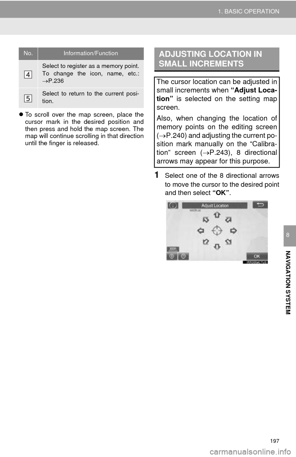 TOYOTA TUNDRA 2016 2.G Navigation Manual 197
1. BASIC OPERATION
NAVIGATION SYSTEM
8
To scroll over the map screen, place the
cursor mark in the desired position and
then press and hold the map screen. The
map will continue scrolling in TOYOTA TUNDRA 2016 2.G Navigation Manual 197
1. BASIC OPERATION
NAVIGATION SYSTEM
8
To scroll over the map screen, place the
cursor mark in the desired position and
then press and hold the map screen. The
map will continue scrolling in