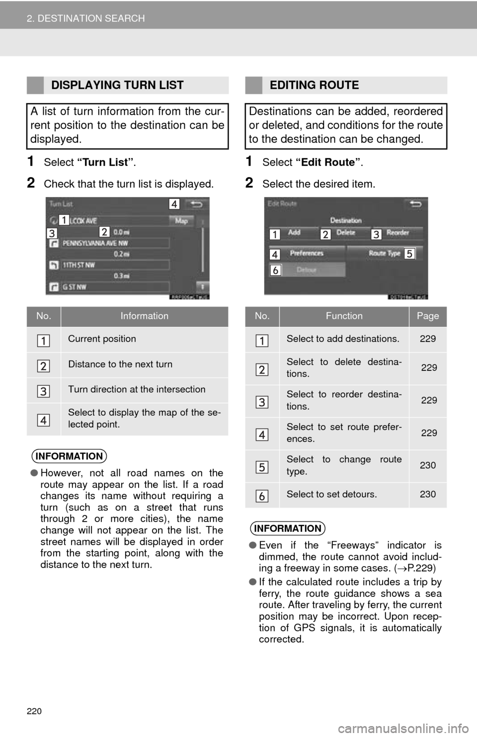 TOYOTA TUNDRA 2016 2.G Navigation Manual 220
2. DESTINATION SEARCH
1Select “Turn List” .
2Check that the turn list is displayed.
1Select “Edit Route” .
2Select the desired item.
DISPLAYING TURN LIST
A list of turn information from th