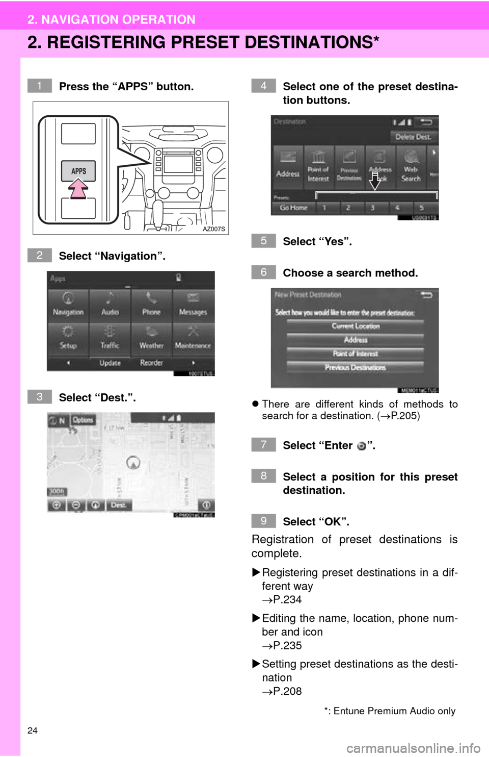 TOYOTA TUNDRA 2016 2.G Navigation Manual 24
2. NAVIGATION OPERATION
2. REGISTERING PRESET DESTINATIONS *
Press the “APPS” button.
Select “Navigation”.
Select “Dest.”. Select one of the preset destina-
tion buttons.
Select “Yes�