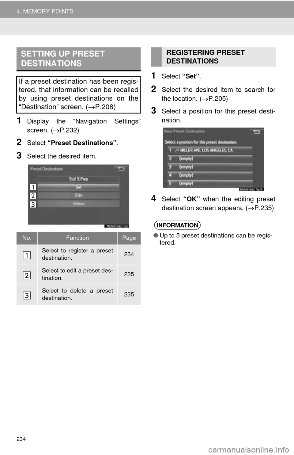 TOYOTA TUNDRA 2016 2.G Navigation Manual 234
4. MEMORY POINTS
1Display the “Navigation Settings”
screen. (P.232)
2Select “Preset Destinations” .
3Select the desired item.
1Select “Set”.
2Select the desired item to search for TOYOTA TUNDRA 2016 2.G Navigation Manual 234
4. MEMORY POINTS
1Display the “Navigation Settings”
screen. (P.232)
2Select “Preset Destinations” .
3Select the desired item.
1Select “Set”.
2Select the desired item to search for