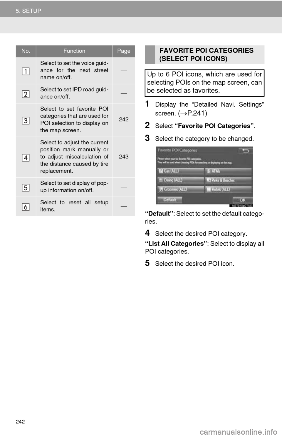 TOYOTA TUNDRA 2016 2.G Navigation Manual 242
5. SETUP
1Display the “Detailed Navi. Settings” 
screen. 
( P.241 )
2Select  “Favorite POI Categories” .
3Select the category to be changed.
“Default”: 
Select to set the default ca