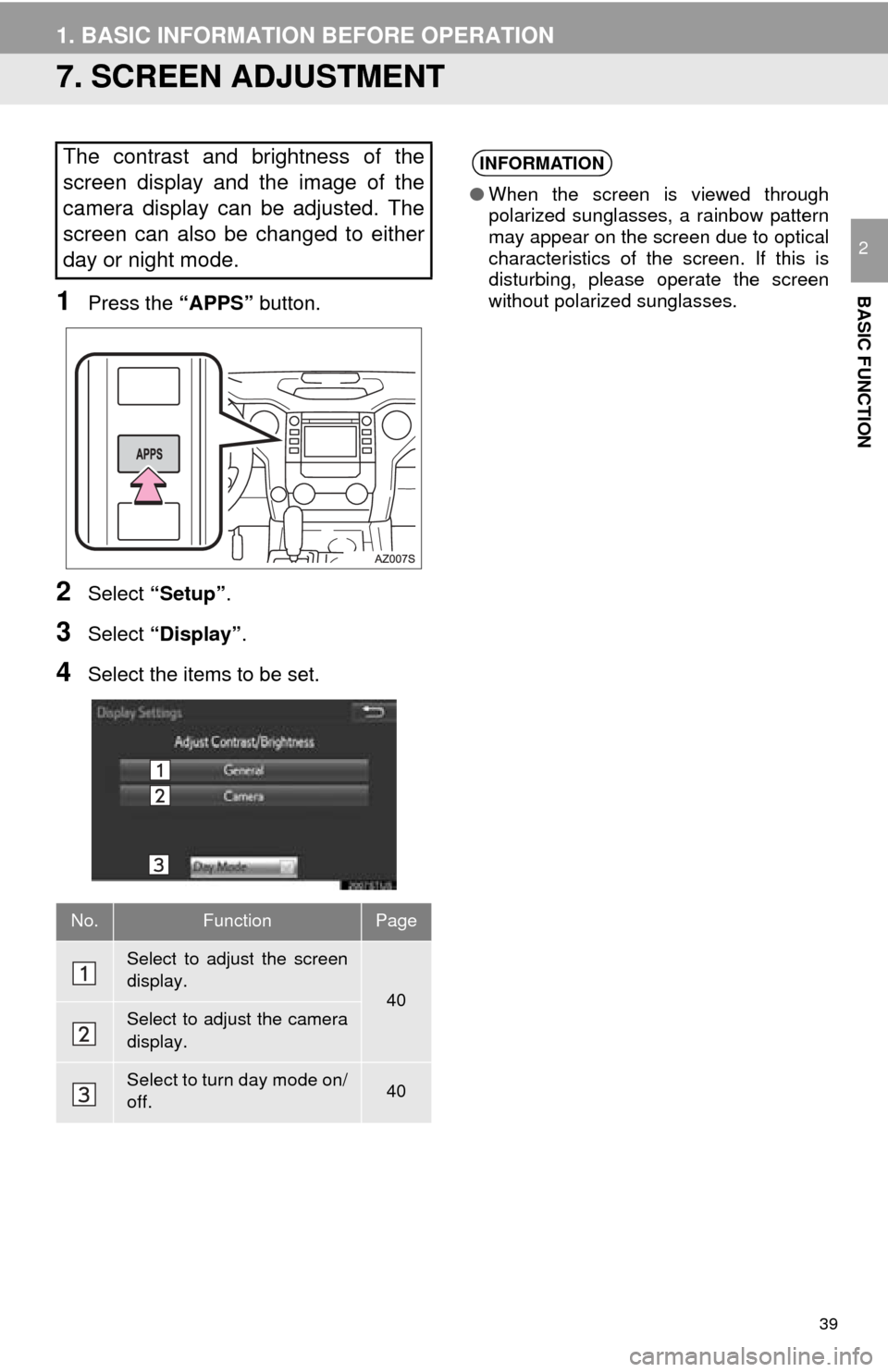 TOYOTA TUNDRA 2016 2.G Navigation Manual 39
1. BASIC INFORMATION BEFORE OPERATION
BASIC FUNCTION
2
7. SCREEN ADJUSTMENT
1Press the “APPS” button.
2Select “Setup” .
3Select “Display” .
4Select the items to be set.
The contrast and TOYOTA TUNDRA 2016 2.G Navigation Manual 39
1. BASIC INFORMATION BEFORE OPERATION
BASIC FUNCTION
2
7. SCREEN ADJUSTMENT
1Press the “APPS” button.
2Select “Setup” .
3Select “Display” .
4Select the items to be set.
The contrast and