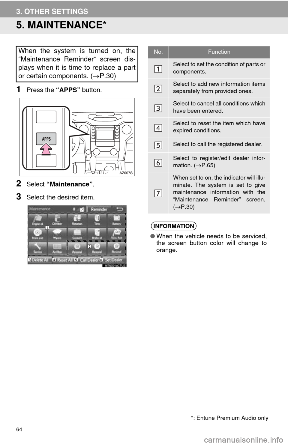 TOYOTA TUNDRA 2016 2.G Navigation Manual 64
3. OTHER SETTINGS
5. MAINTENANCE*
1Press the “APPS” button.
2Select “Maintenance” .
3Select the desired item.
When the system is turned on, the
“Maintenance Reminder” screen dis-
play TOYOTA TUNDRA 2016 2.G Navigation Manual 64
3. OTHER SETTINGS
5. MAINTENANCE*
1Press the “APPS” button.
2Select “Maintenance” .
3Select the desired item.
When the system is turned on, the
“Maintenance Reminder” screen dis-
play