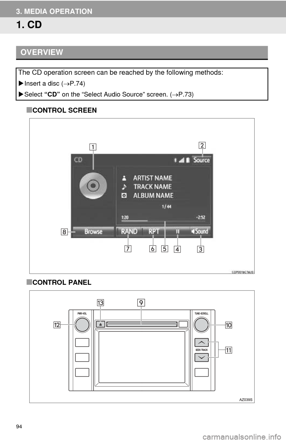 TOYOTA TUNDRA 2016 2.G Navigation Manual 94
3. MEDIA OPERATION
1. CD
■CONTROL SCREEN
■CONTROL PANEL
OVERVIEW
The CD operation screen can be reached by the following methods: 
Insert a disc ( P.74 )
 Select  “CD” on
  the “