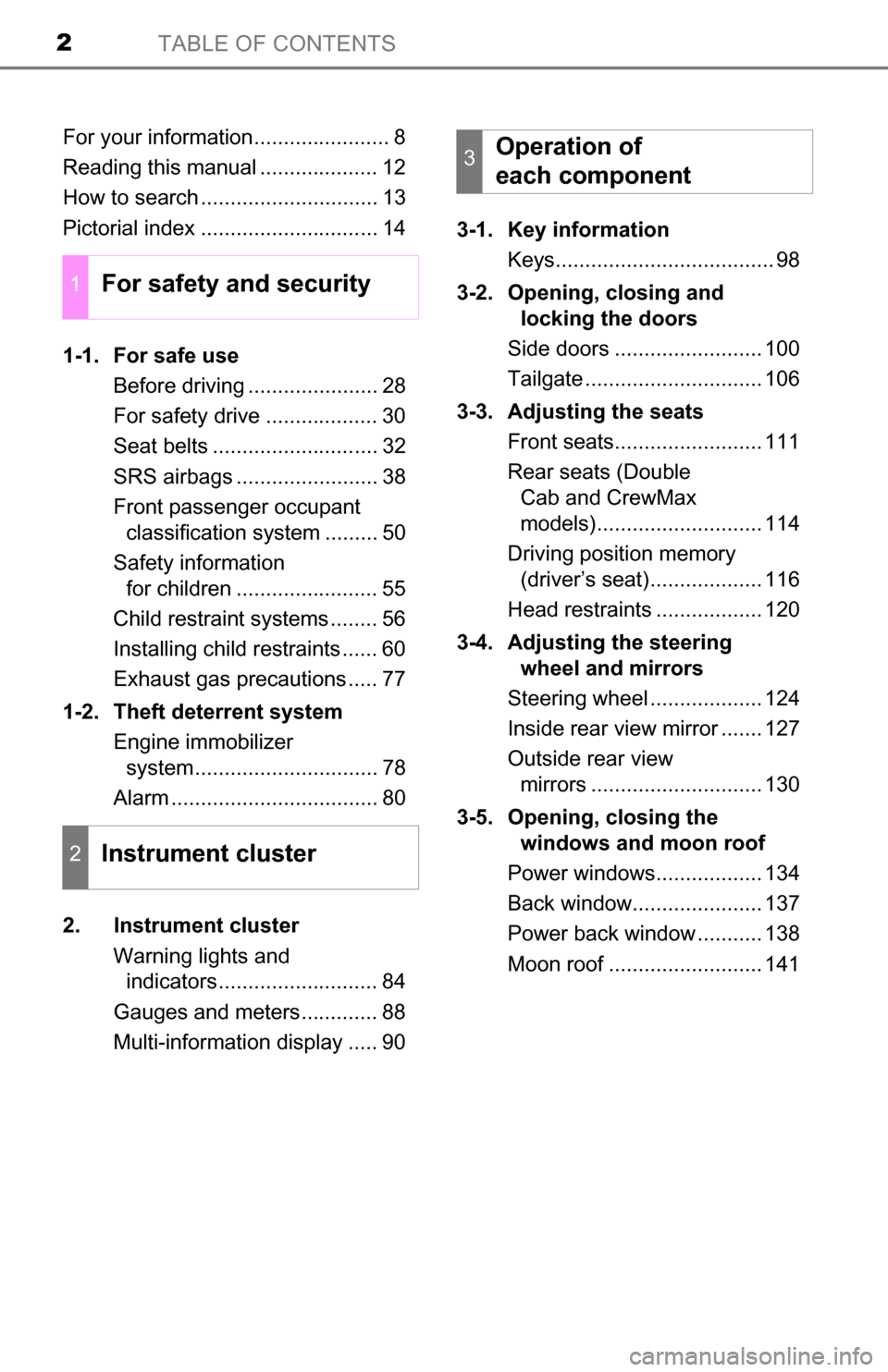 TOYOTA TUNDRA 2016 2.G Owners Manual TABLE OF CONTENTS2
For your information....................... 8
Reading this manual .................... 12
How to search .............................. 13
Pictorial index ...........................