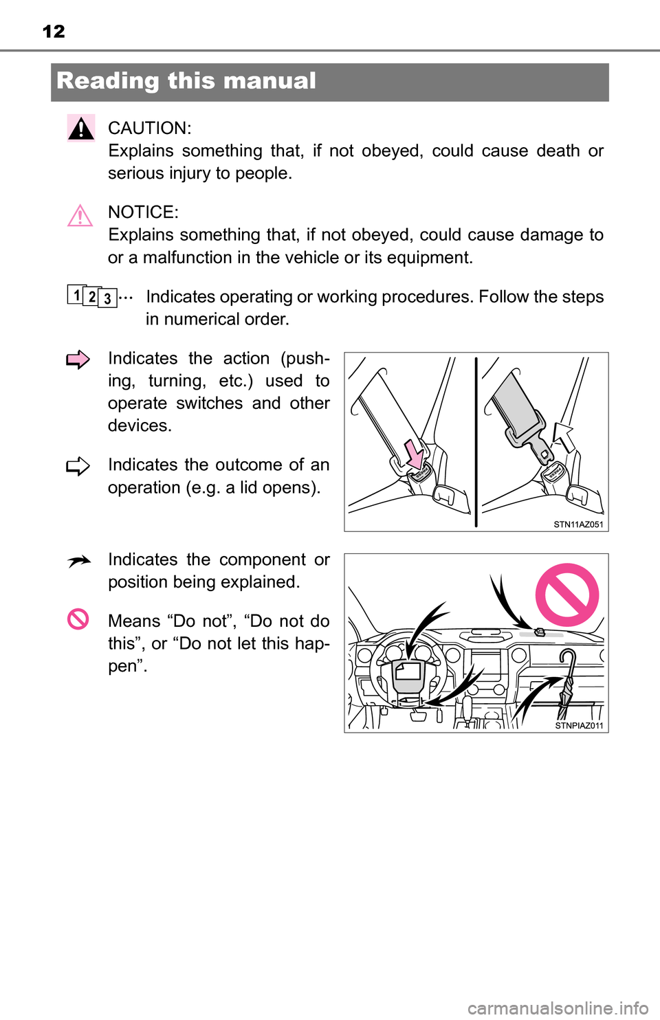 TOYOTA TUNDRA 2016 2.G User Guide 12
Reading this manual
CAUTION: 
Explains something that, if not obeyed, could cause death or
serious injury to people.
NOTICE: 
Explains something that, if not obeyed, could cause damage to
or a malf