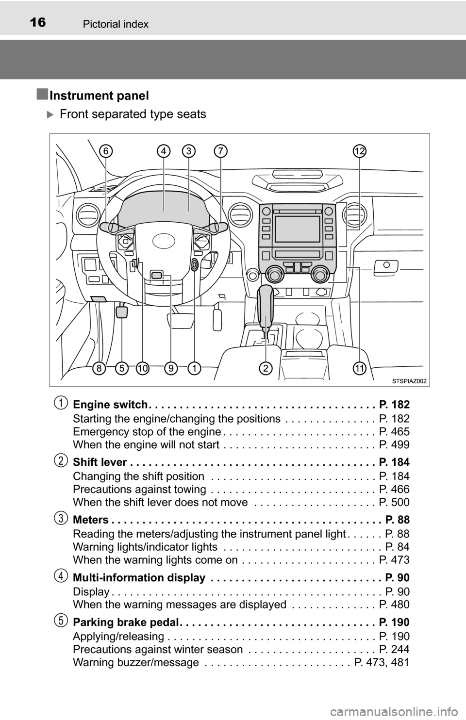 TOYOTA TUNDRA 2016 2.G Owners Manual 16Pictorial index
■Instrument panel
Front separated type seats
Engine switch . . . . . . . . . . . . . . . . . . . . . . . . . . . . . . . . . . . . .  P. 182
Starting the engine/changing the pos