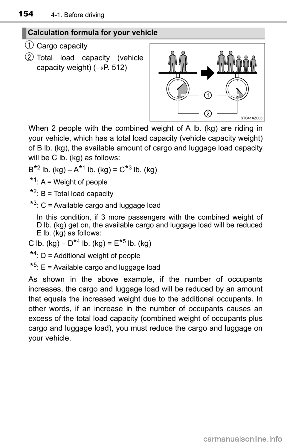 TOYOTA TUNDRA 2016 2.G Owners Manual 1544-1. Before driving
Cargo capacity
Total load capacity (vehicle
capacity weight) (P. 512)
When 2 people with the combined weight of A lb. (kg) are riding in
your vehicle, which has a total lo ad TOYOTA TUNDRA 2016 2.G Owners Manual 1544-1. Before driving
Cargo capacity
Total load capacity (vehicle
capacity weight) (P. 512)
When 2 people with the combined weight of A lb. (kg) are riding in
your vehicle, which has a total lo ad